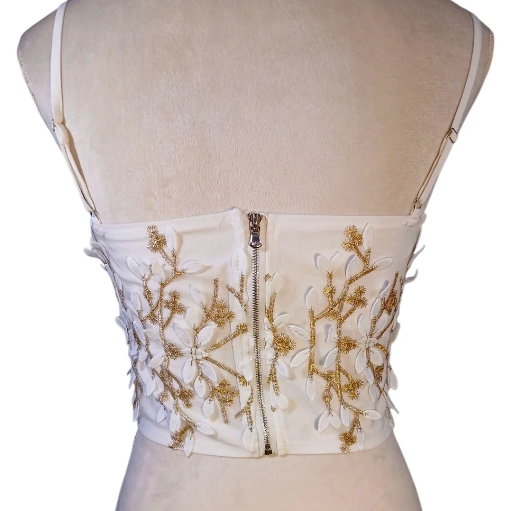 Corset Bustier Top Gold & White Floral Applique Zip Back, Adjustable Straps - Picture 5 of 7